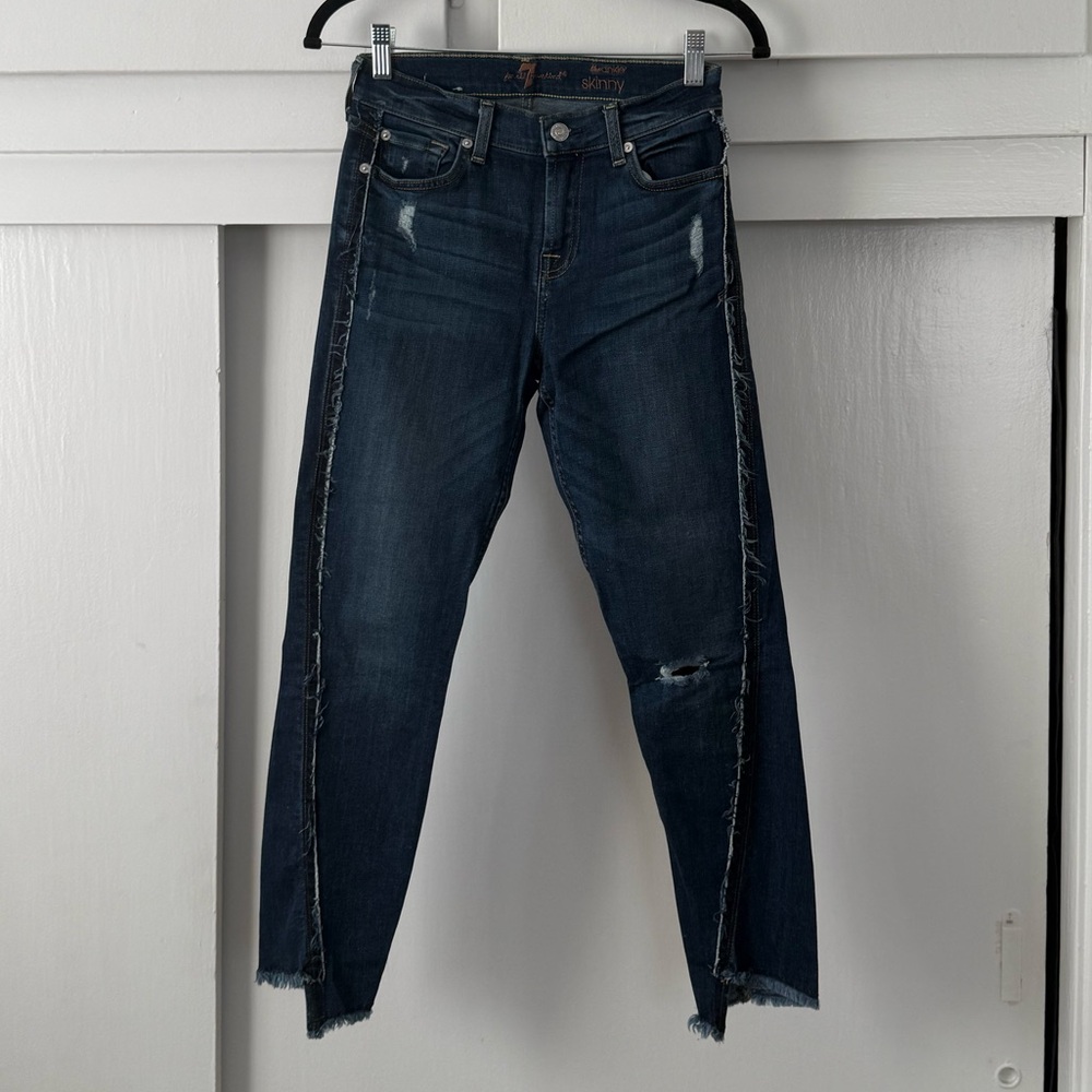 7 For All Mankind "The Ankle Skinny" Distressed Cropped Jeans